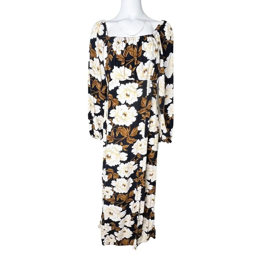 Old Navy Dark Floral Maxi Dress L Black White Brown Milkmaid Square Neck - Picture 2 of 11